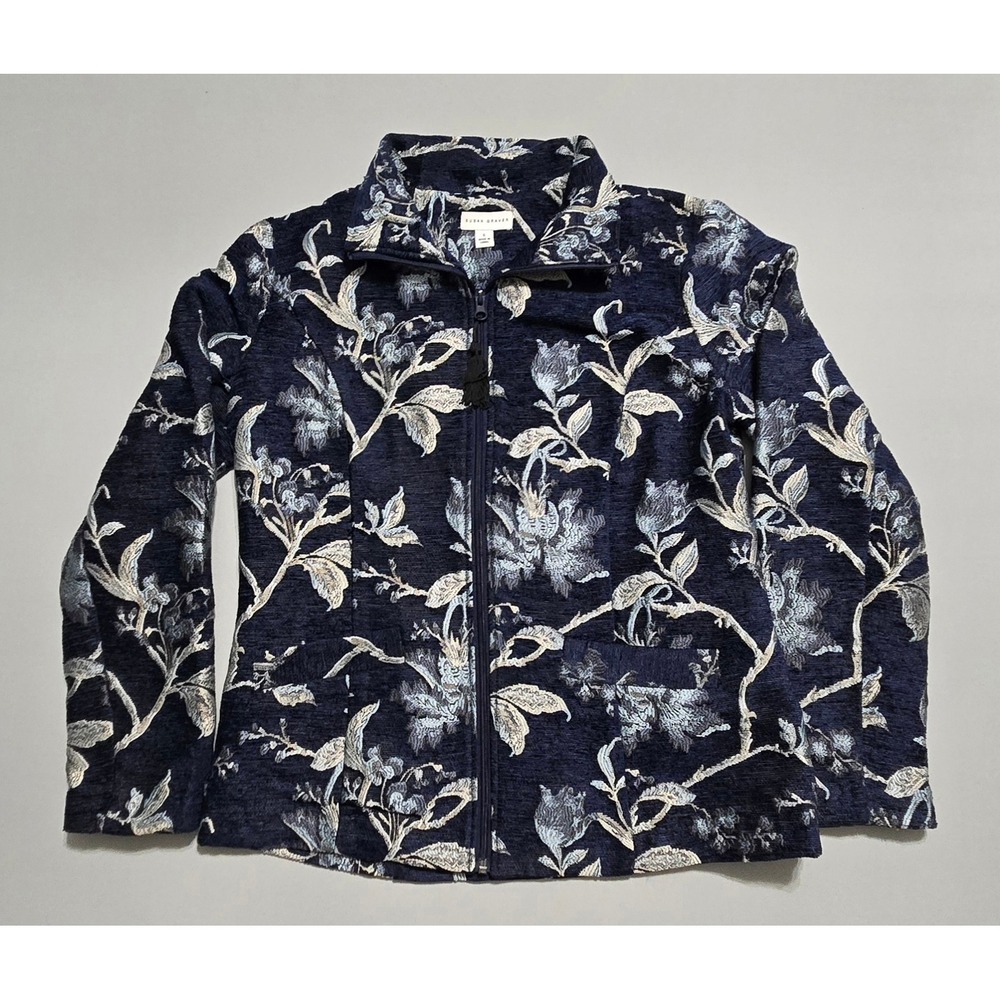Susan Graver Jacket Womens 6 Floral Jacquard Full Zip Navy Polyester